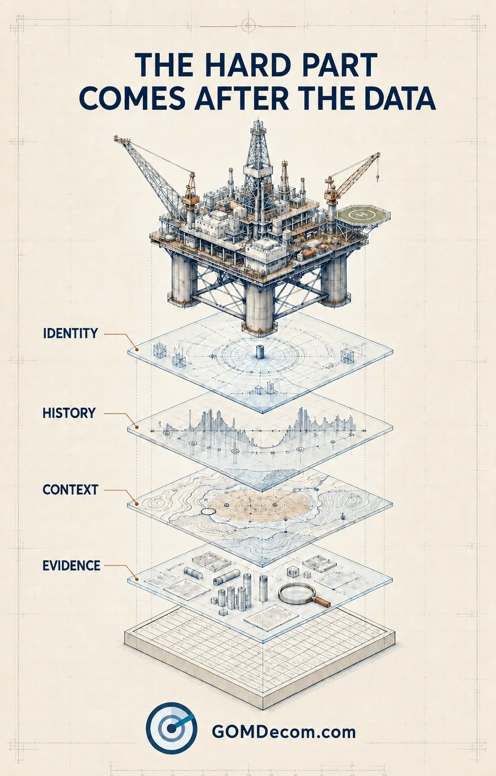 Exploded technical illustration of an offshore platform above four data layers labeled identity, history, context and evidence